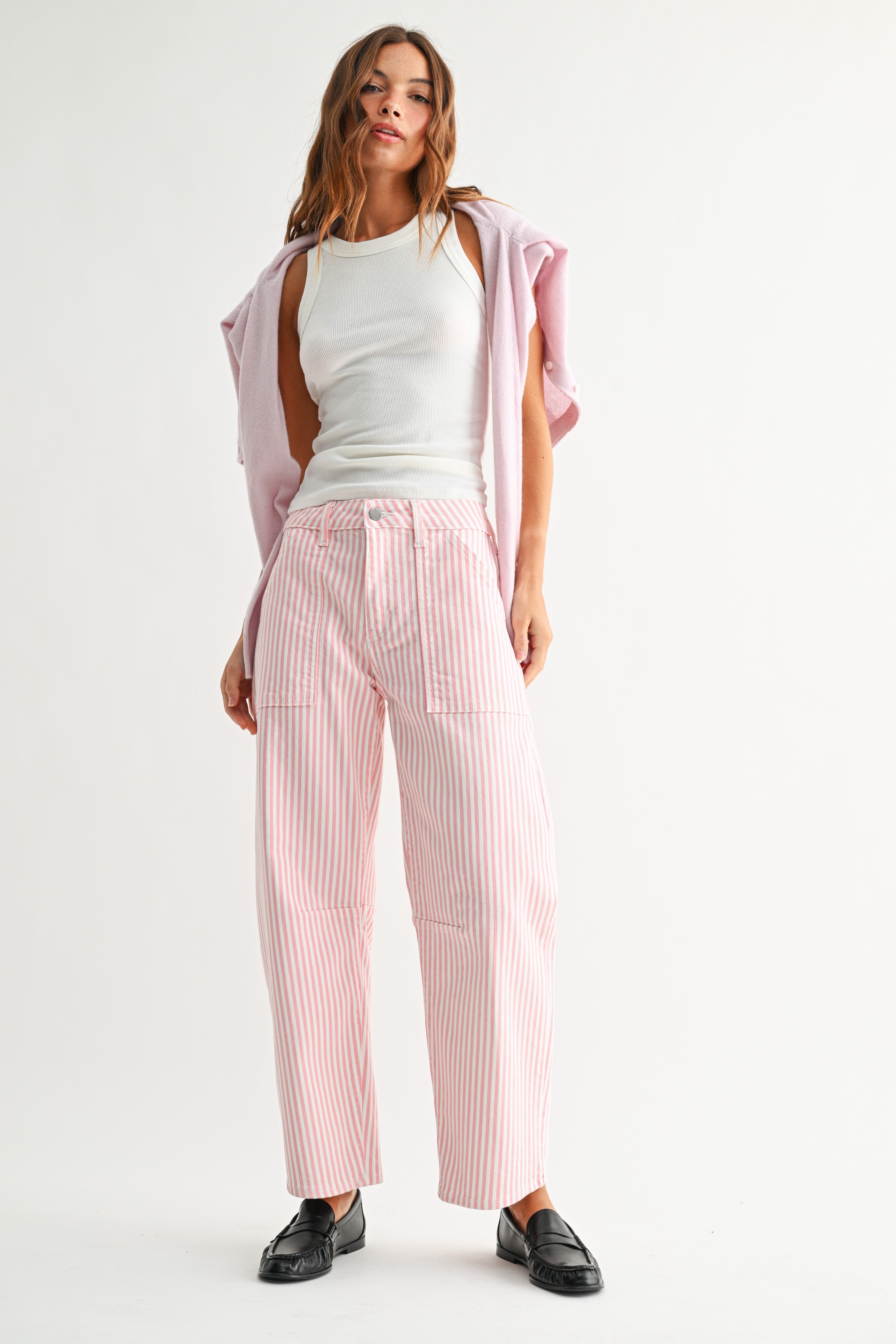 GOLDEN Izumi Denim Utility Seamed Barrel Jean in Pink Stripe – Golden