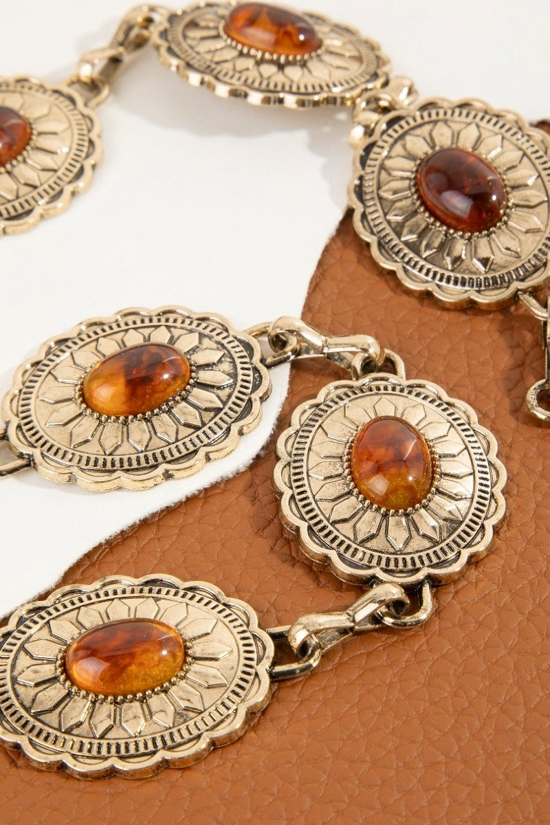 GOLDEN Oval Amber Stud Concho Western Chain Belt