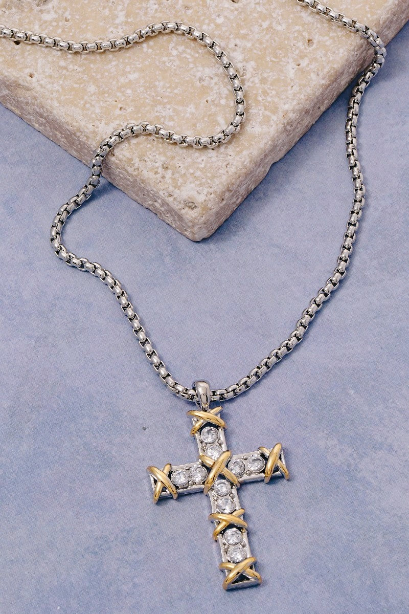 GOLDEN Cadence Two Tone CZ Cross Pendant Necklace