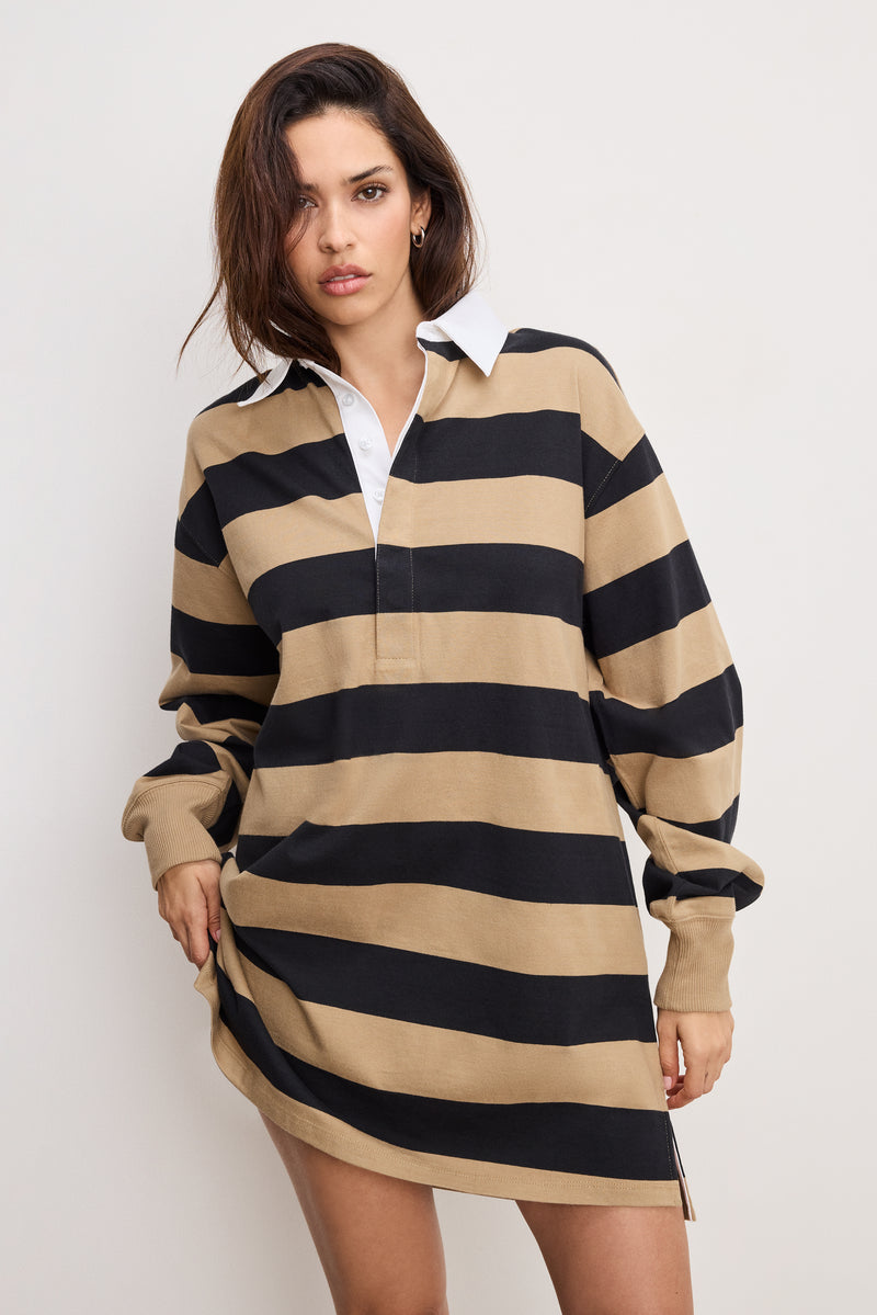 Good American Jersey Polo Mini Dress - Good Khaki and Black Rugby  Stripe001