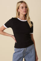 GOLDEN Lexie Contrast Trim Crewneck Tee Black White