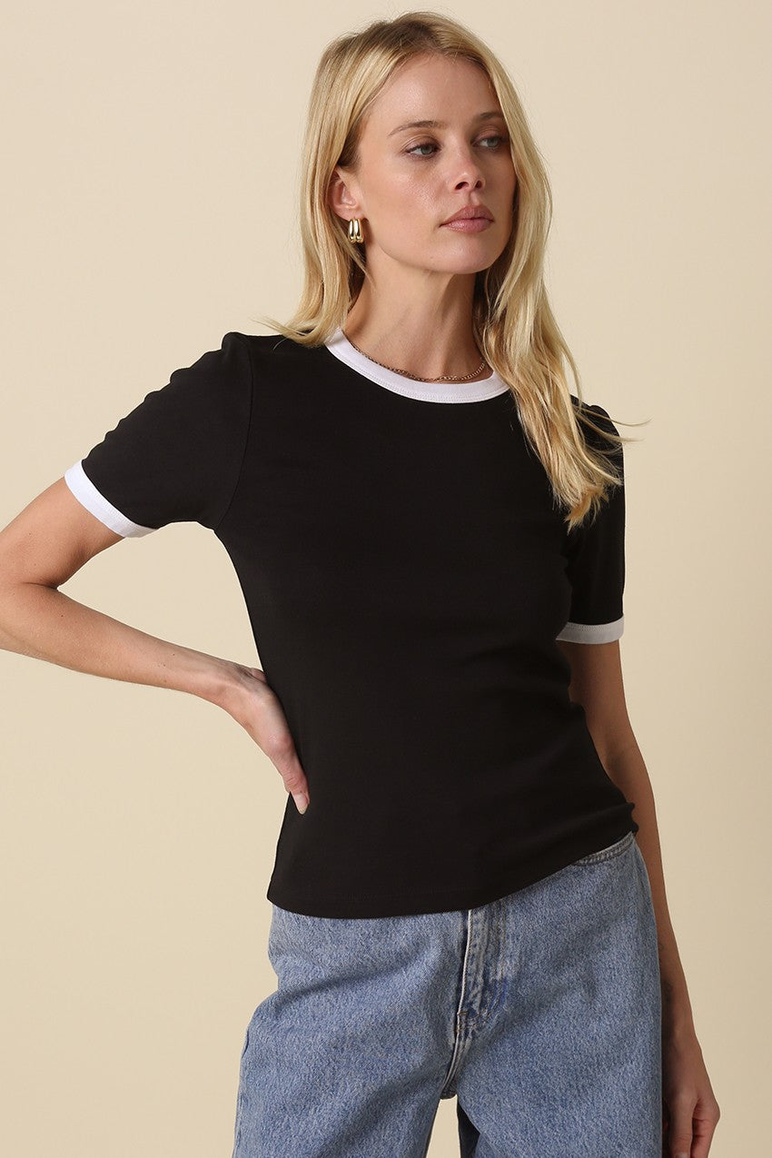 GOLDEN Lexie Contrast Trim Crewneck Tee Black White