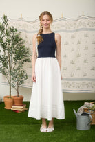 GOLDEN Baylor Boat Neck Line Lace Trim Mixed Media Midi Dress