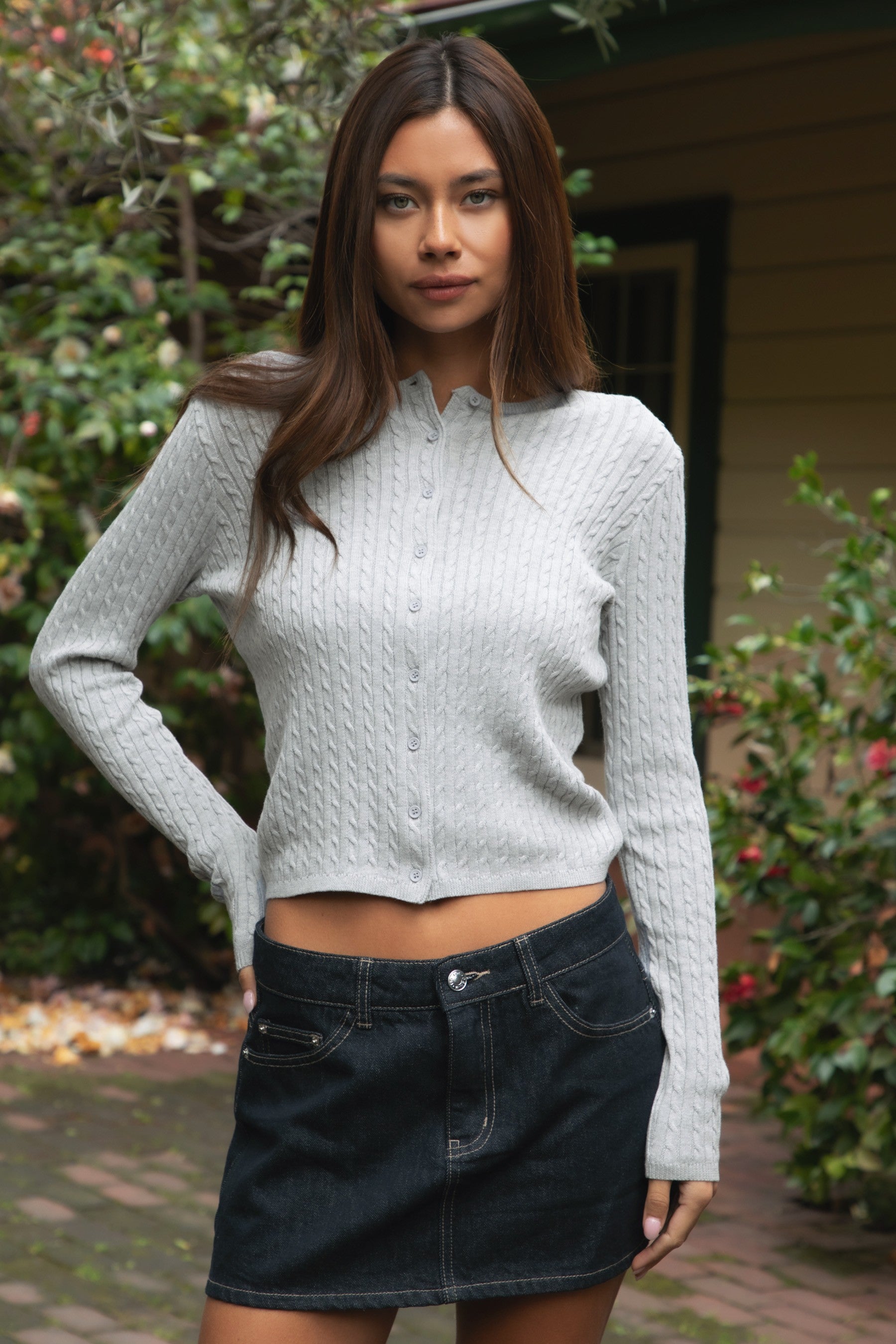 GOLDEN Kristy Cable Knit Cardigan Heather Grey