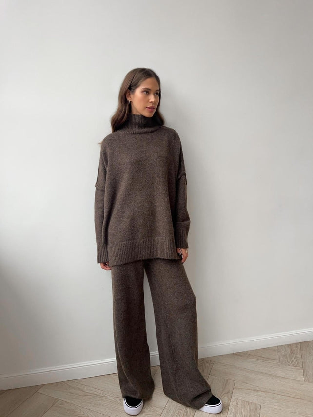 Suhkasana Turtleneck Side Slit Knit Sweater and Wide Leg Pants Set