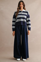 GOLDEN Garland Striped Contrast Collar Long Sleeve Knit Sweater Cropped Top by GOLDEN