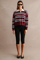 GOLDEN Garland Striped Contrast Collar Long Sleeve Knit Sweater Cropped Top by GOLDEN