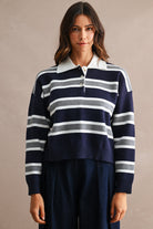 GOLDEN Garland Striped Contrast Collar Long Sleeve Knit Sweater Cropped Top Navy