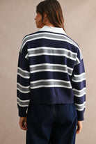 GOLDEN Garland Striped Contrast Collar Long Sleeve Knit Sweater Cropped Top by GOLDEN