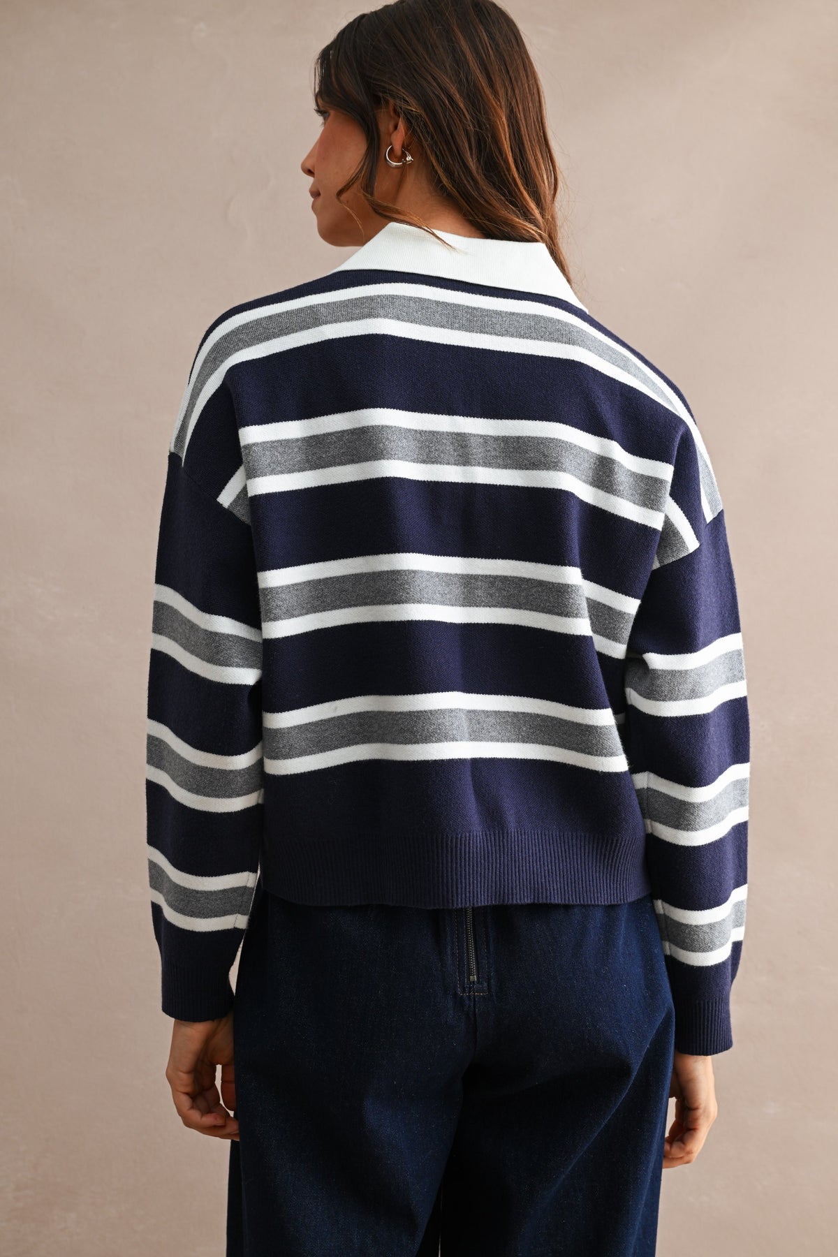 GOLDEN Garland Striped Contrast Collar Long Sleeve Knit Sweater Cropped Top by GOLDEN