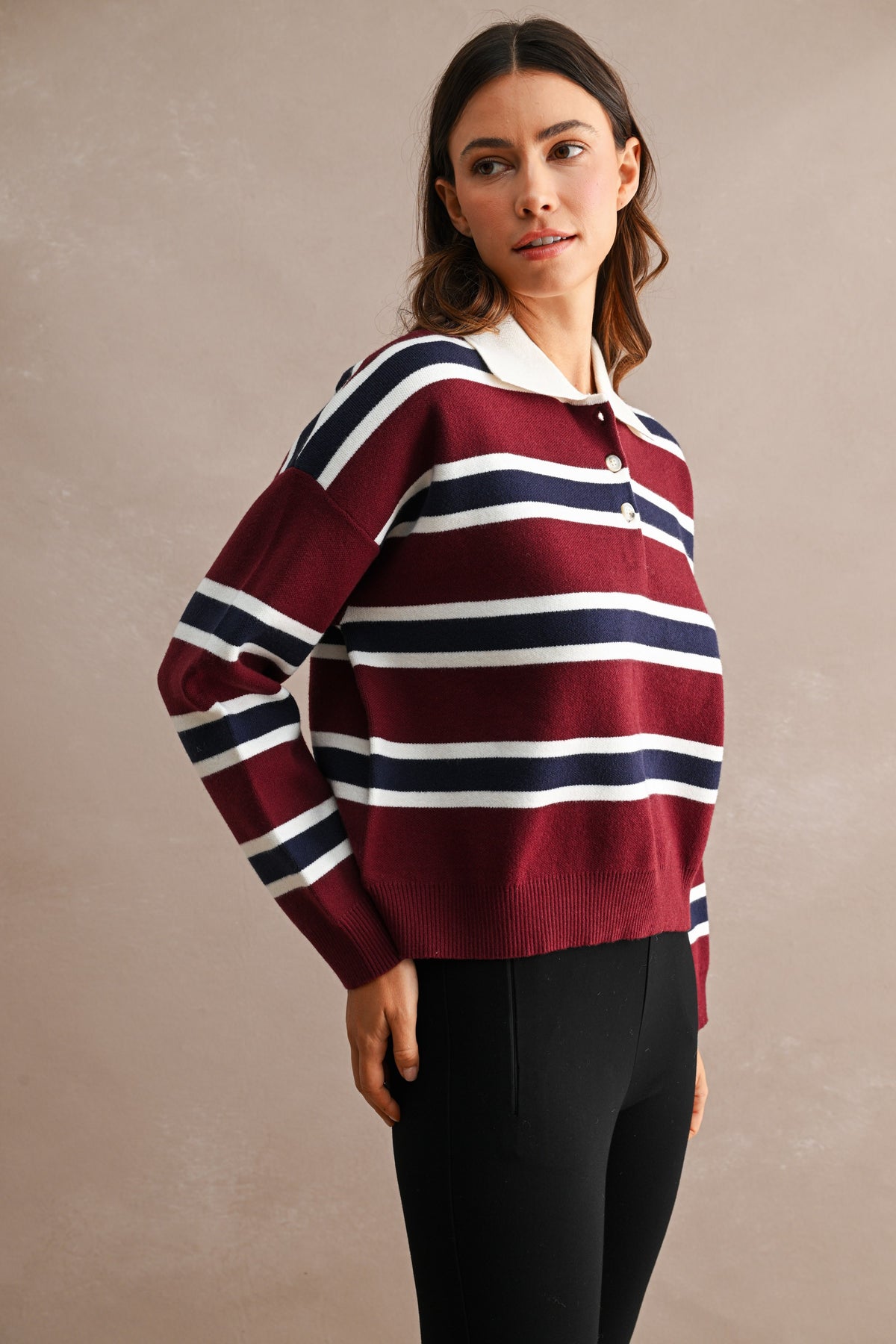 GOLDEN Garland Striped Contrast Collar Long Sleeve Knit Sweater Cropped Top by GOLDEN