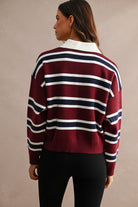 GOLDEN Garland Striped Contrast Collar Long Sleeve Knit Sweater Cropped Top by GOLDEN