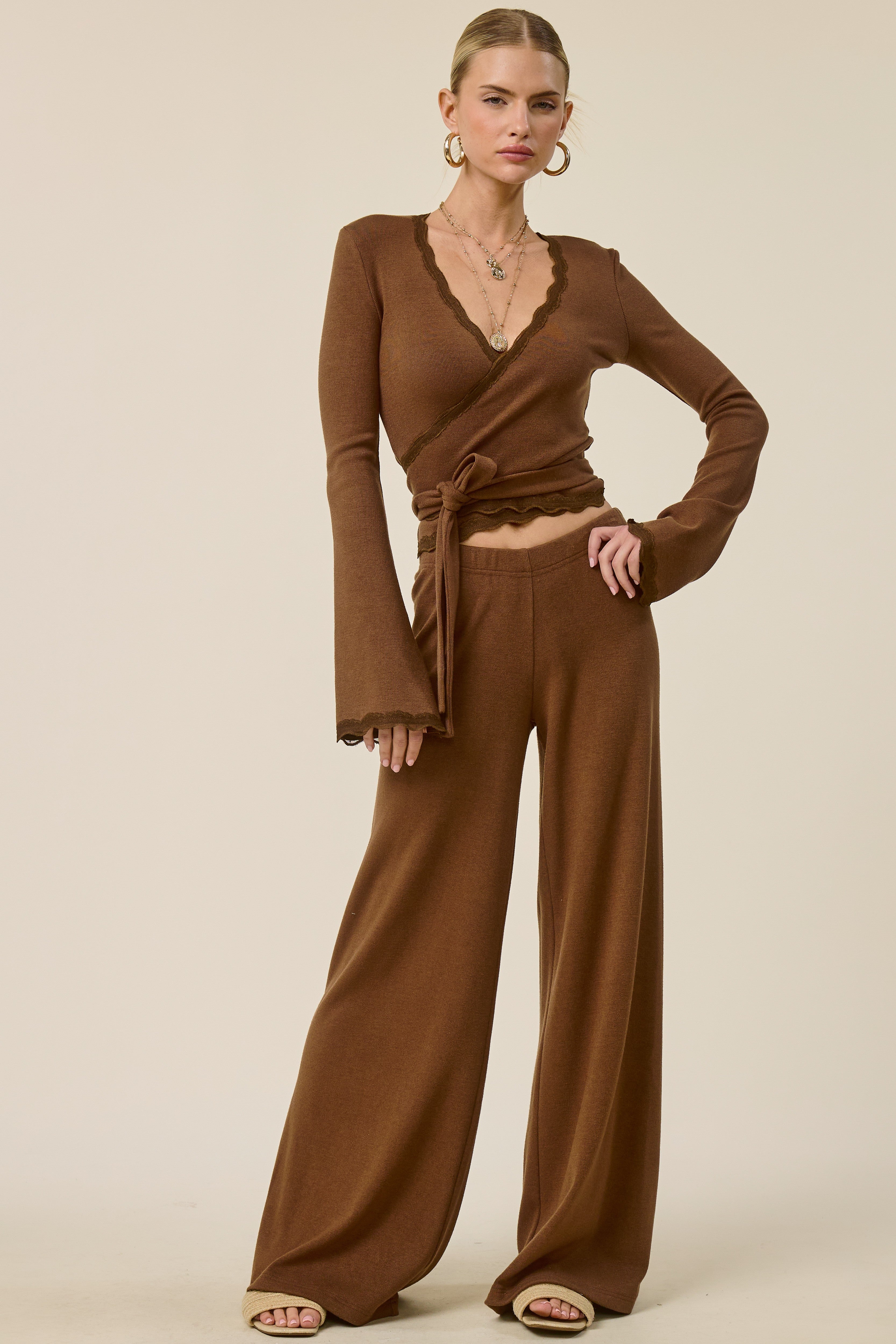 SJG  Scallop Lace Trim Wrap Top And Wide Leg Pants Set