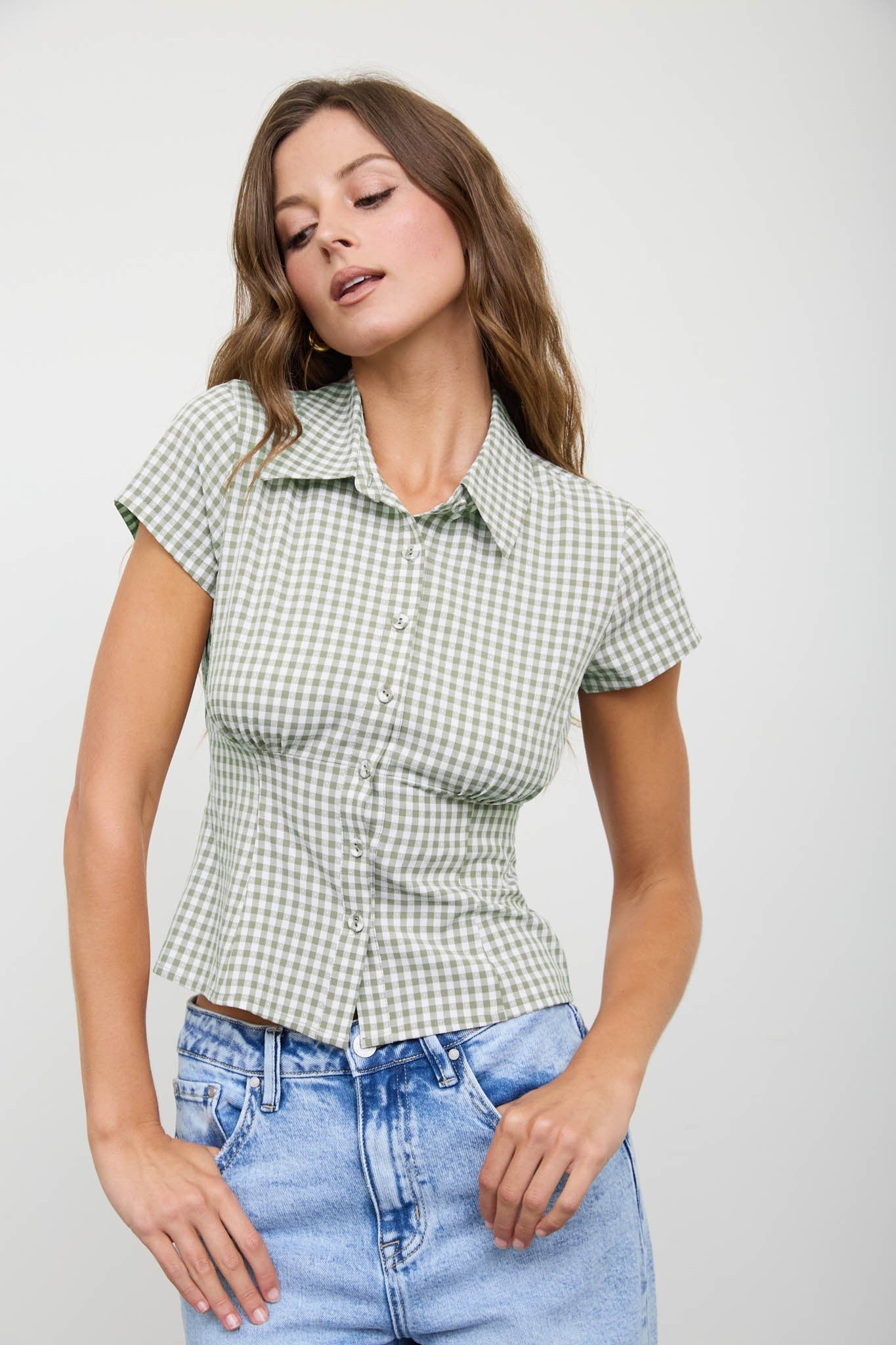 GOLDEN Calista Gingham Collared Short Sleeve Contoured Top