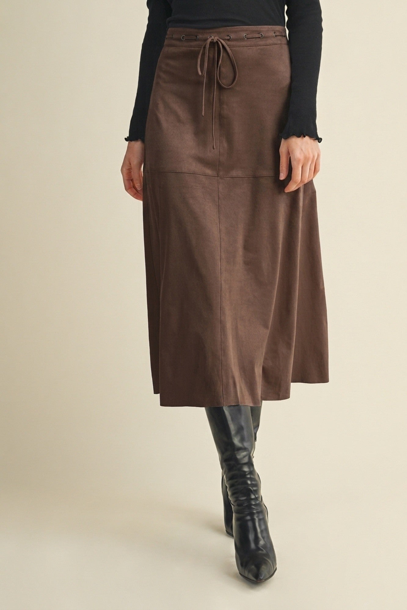 SJG Drawstring Suede A-Line Skirt