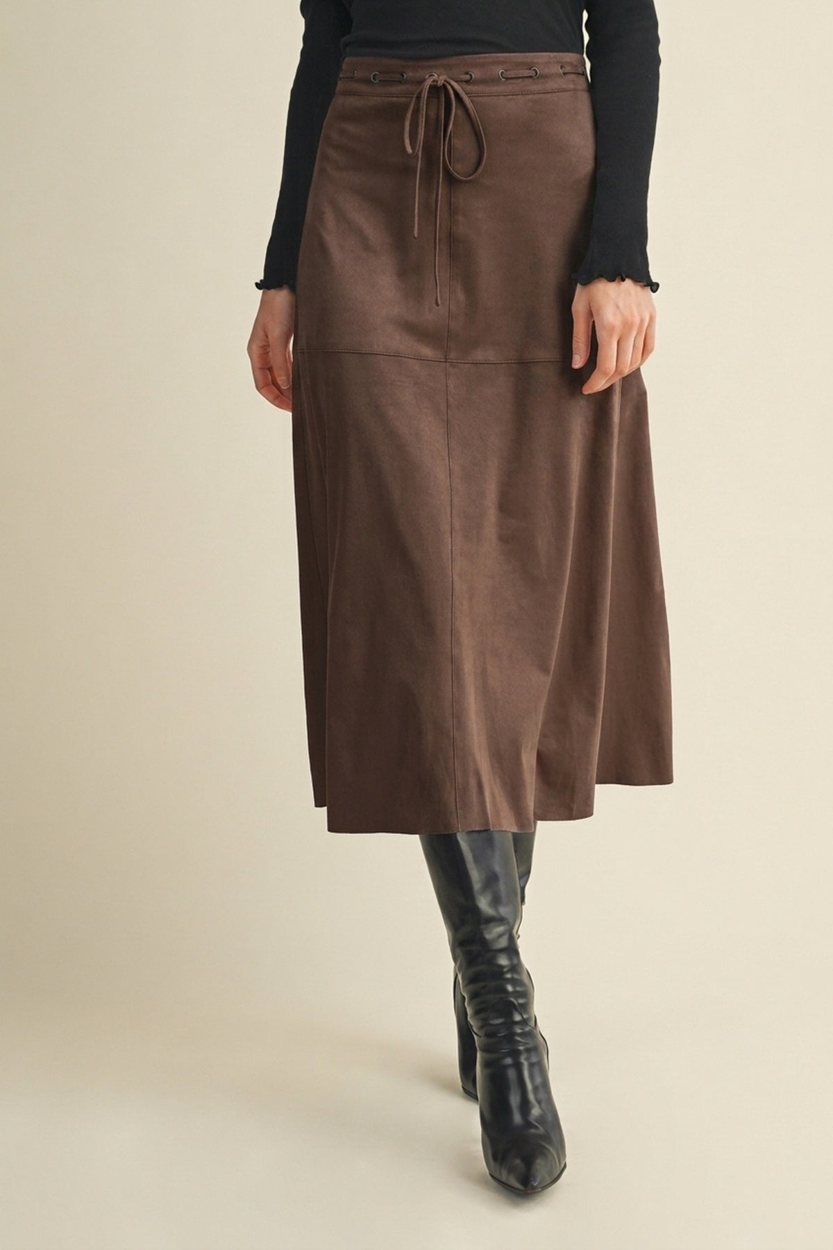 SJG Drawstring Suede A-Line Skirt