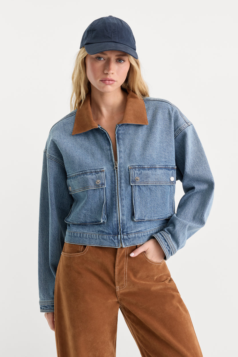 Good American The Denim Swing Cropped Jacket
