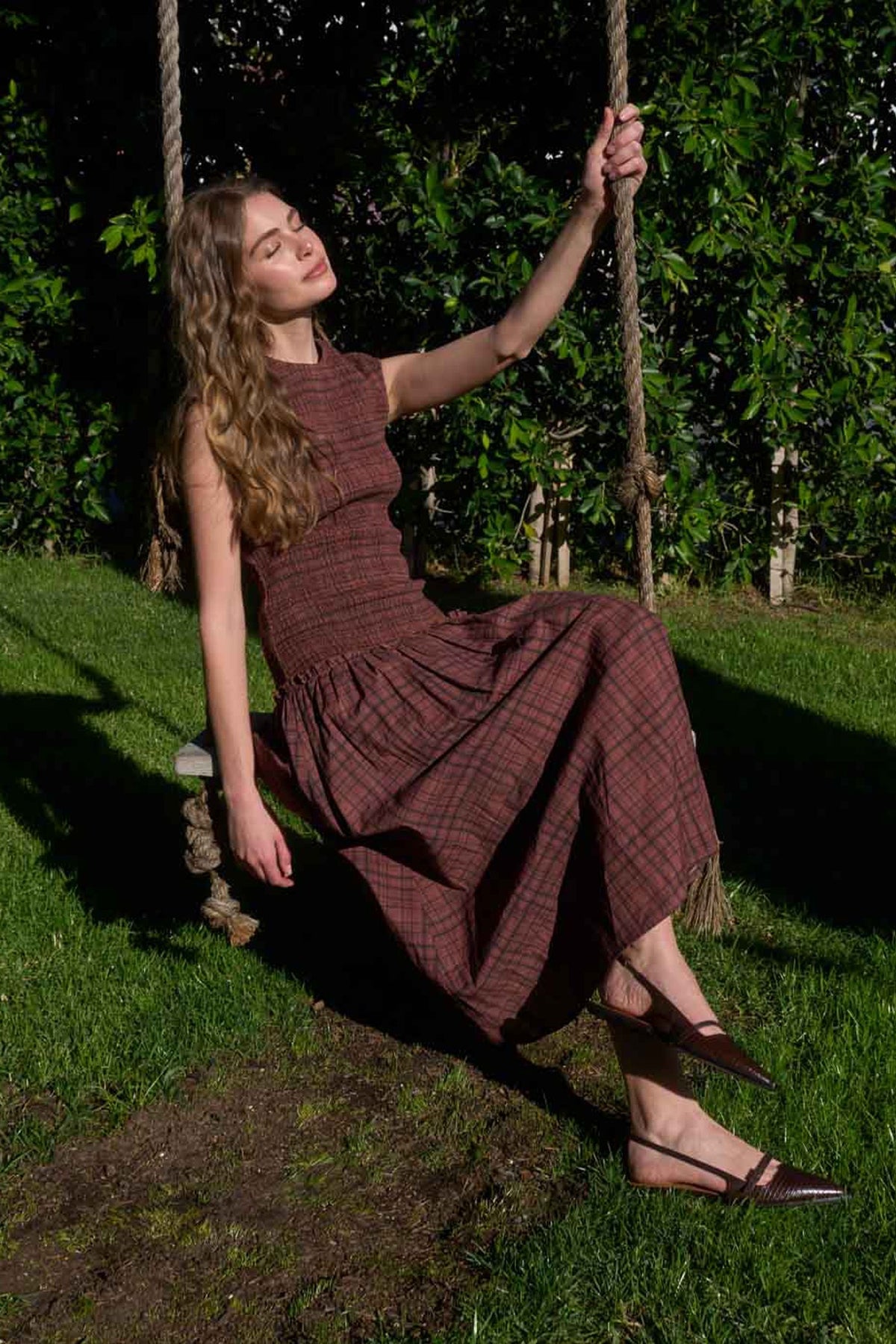 Moon River Contrast Smocked Top Plaid Midi Dress by Moon River