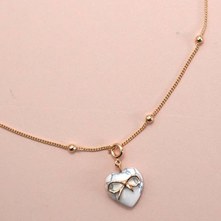 JOSSLYN by Wall to Wall Bow Heart Natural Stone Charm Ball Chain Necklace | 80N91571