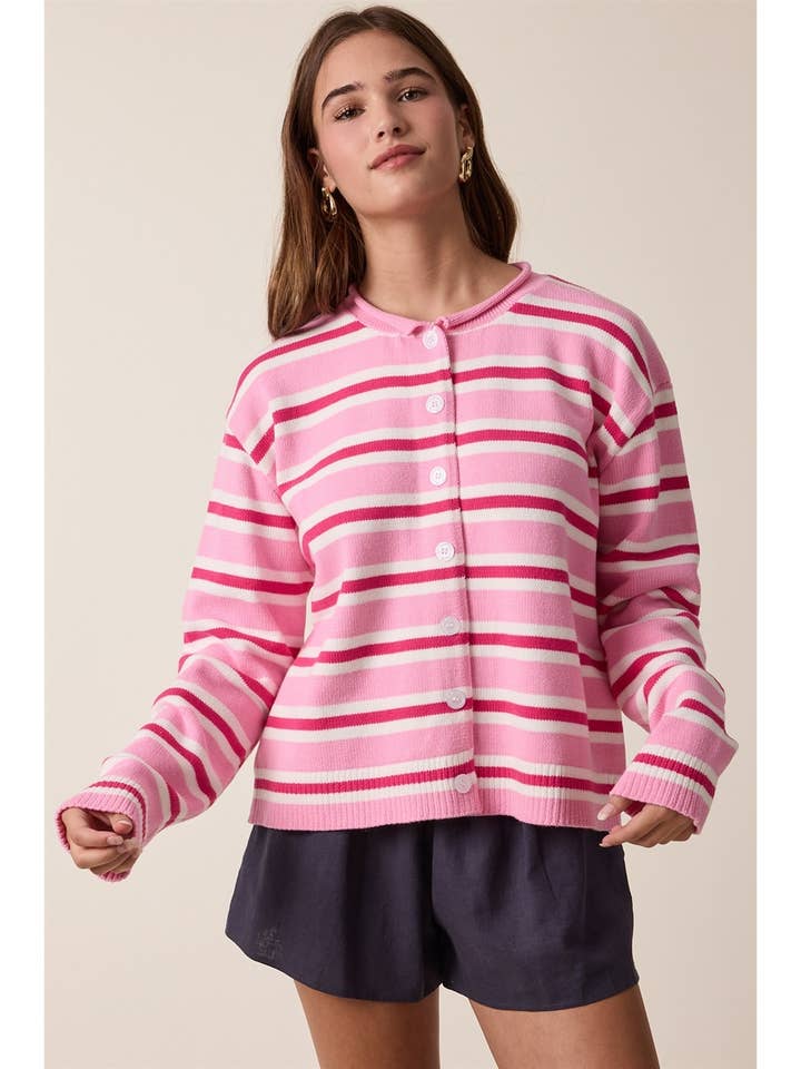 Wishlist Apparel Multi-Striped Button-Up Sweater Cardigan Pink