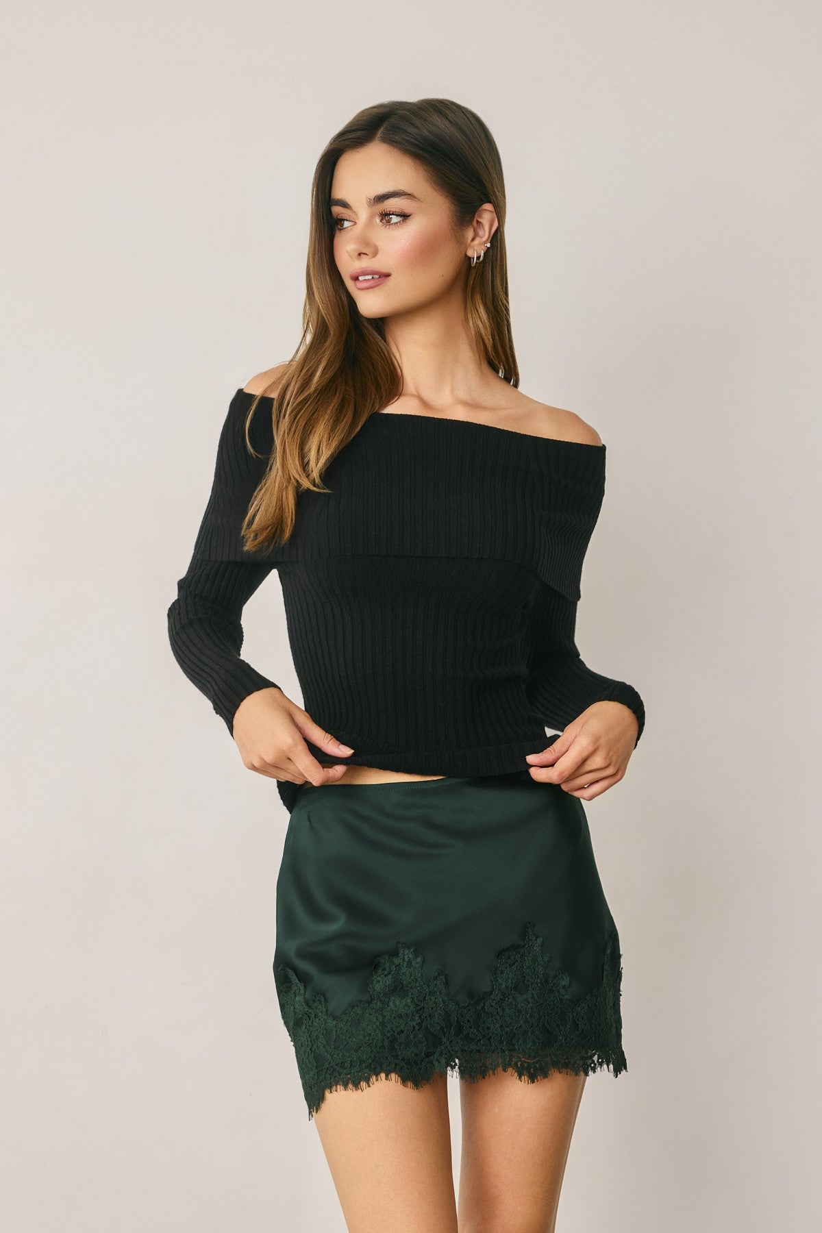 Dress Forum Satin Lace Trim Mid Rise Mini Skirt by Dress Forum