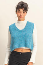 GOLDEN Elvira Cropped Scoop Neck Sleeveless Knit Vest Ocean Blue