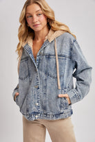 Bluivy Button Down Faux Fur Hooded Denim Jacket Light Wash