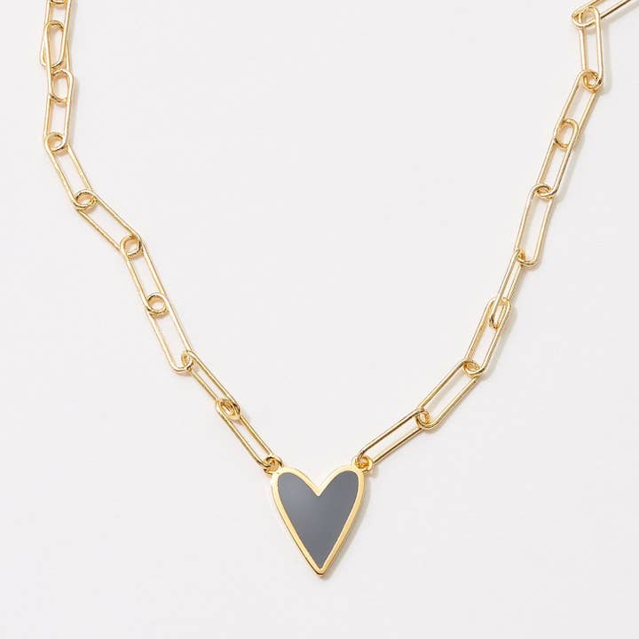 Lilla Haven Heart Enamel Pendant Gold Dipped Paper Clip Chain Necklace Graphite