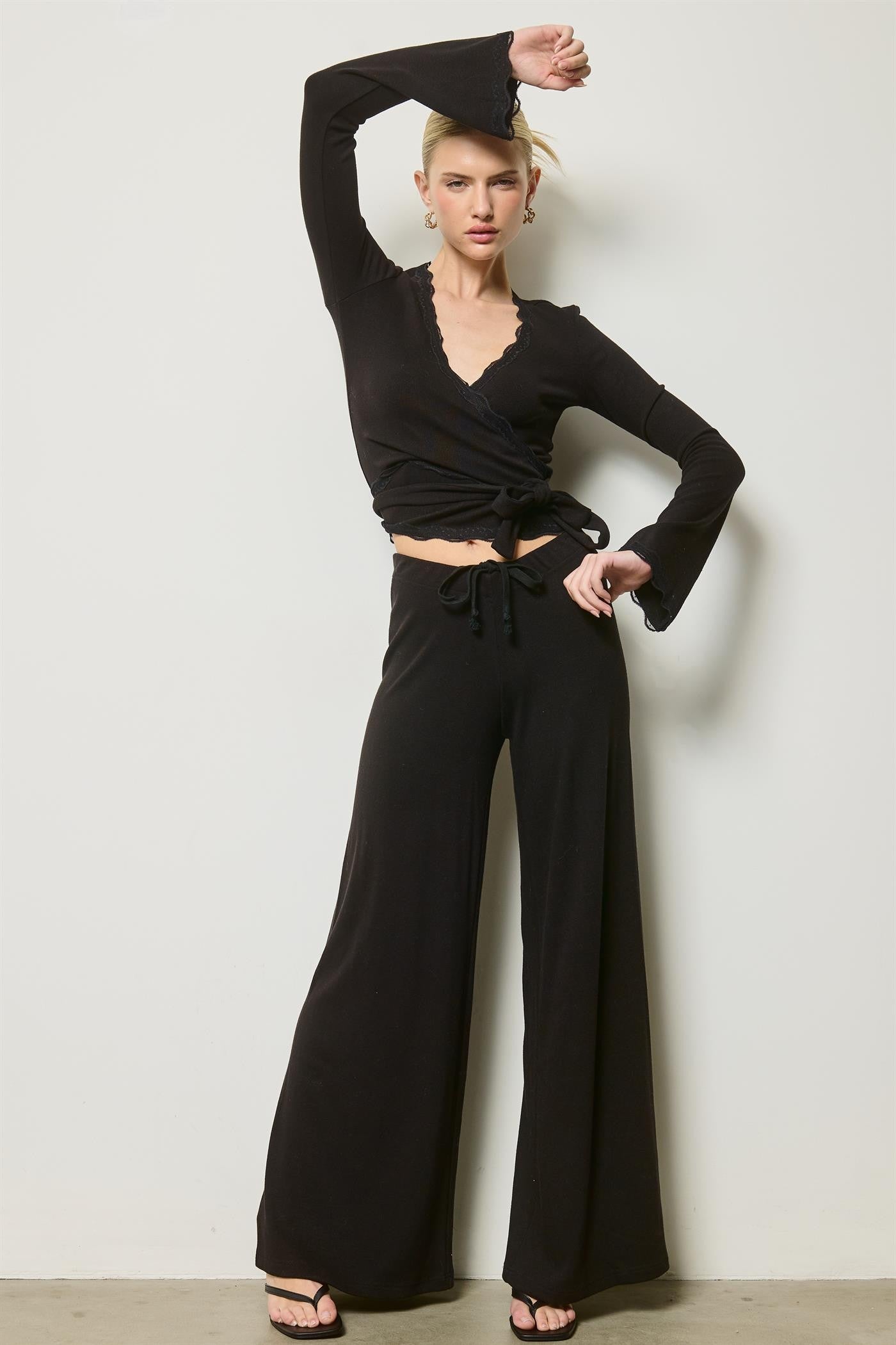 SJG  Scallop Lace Trim Wrap Top And Wide Leg Pants Set