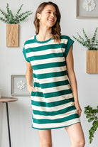 GOLDEN Henrietta Bold Stripe Textured Knit Pullover Short Dress Hunter Green