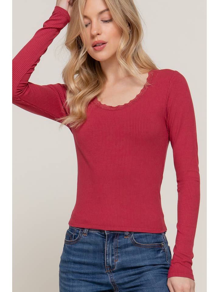 Active Basic Long Sleeve Scoop Neck with Lace Trim Rib Knit Top