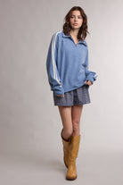 Wishlist Apparel Varisty Sport Stripe Half Zip Sweater Blue Cream