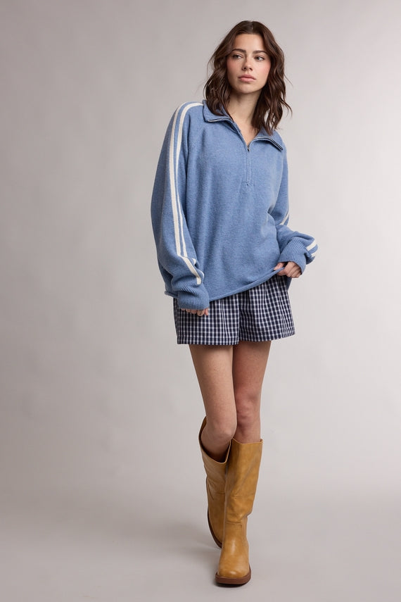 Wishlist Apparel Varisty Sport Stripe Half Zip Sweater Blue Cream