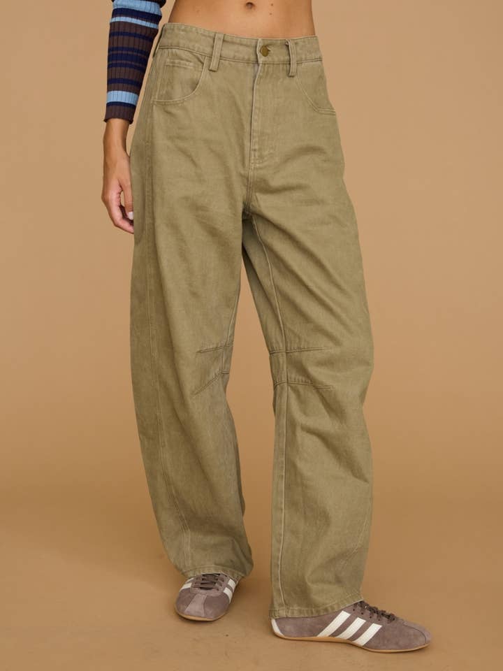 Dottie Dottie Garage Barrel Leg Denim Jeans in Faded Olive