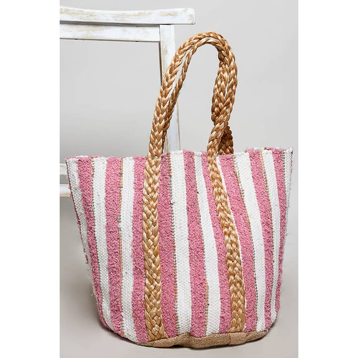 Pol Clothing Pink Stripe Braided Handle Summer Tote Bag