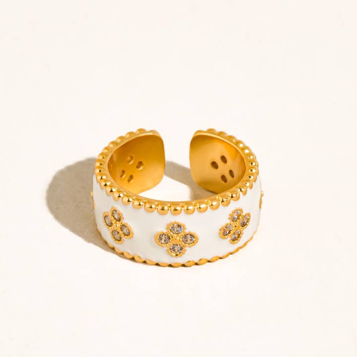 Flanerie by MAIQ Satin 18K Gold Vintage White Enamel Floral Band Ring by Flanerie by MAIQ