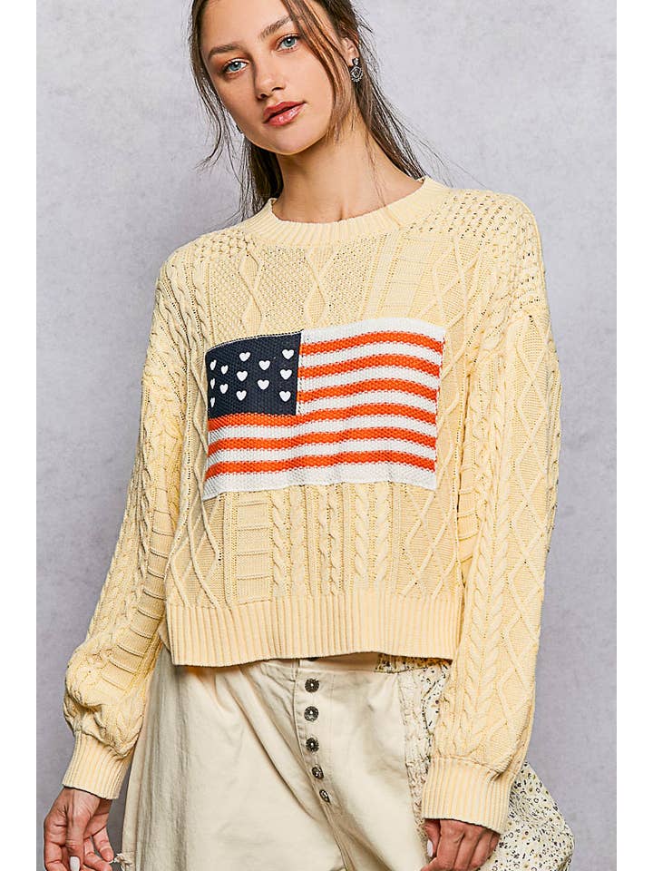 Pol Clothing American Flag Star Stitch Acrylic Cable Sweater Top