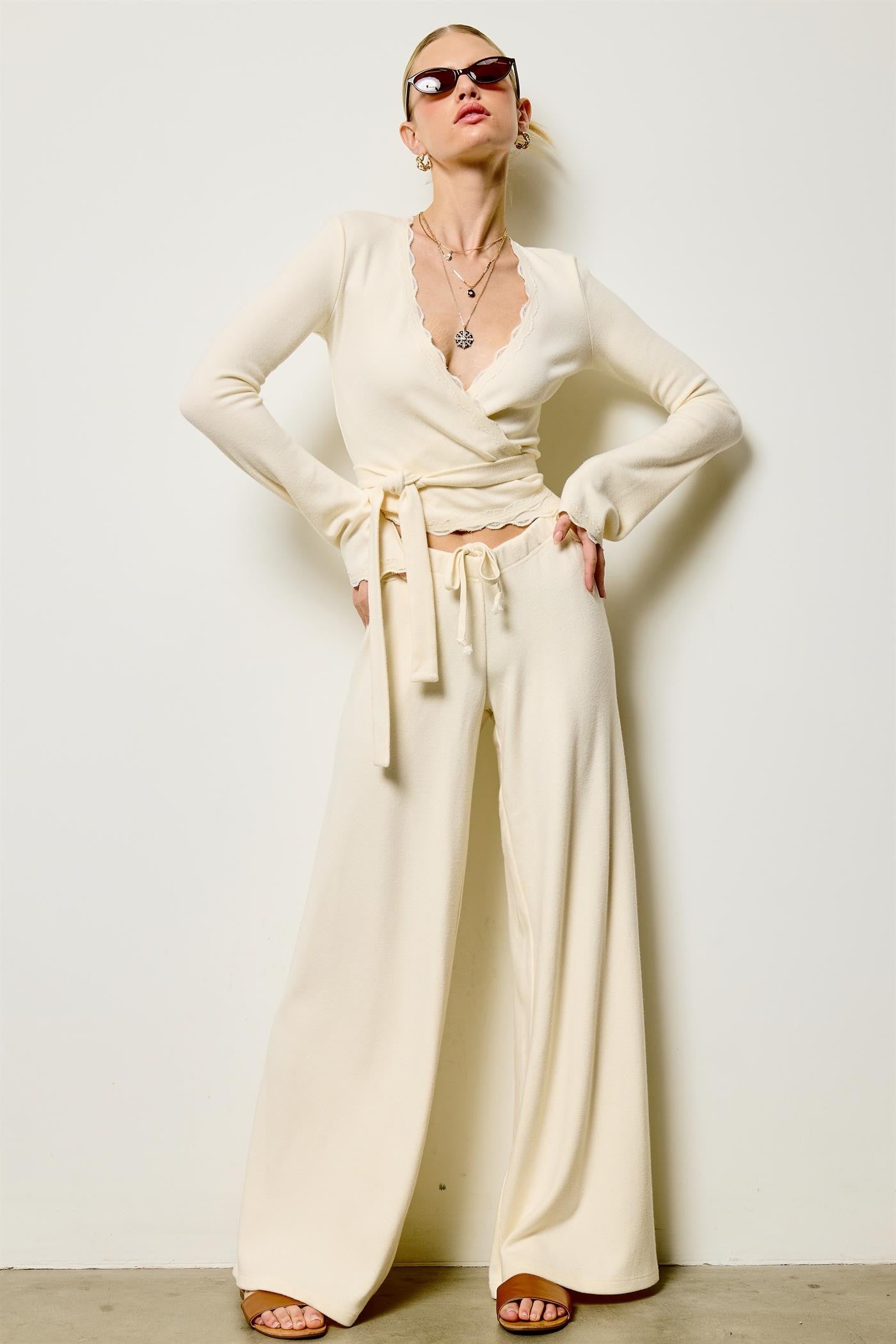 SJG  Scallop Lace Trim Wrap Top And Wide Leg Pants Set
