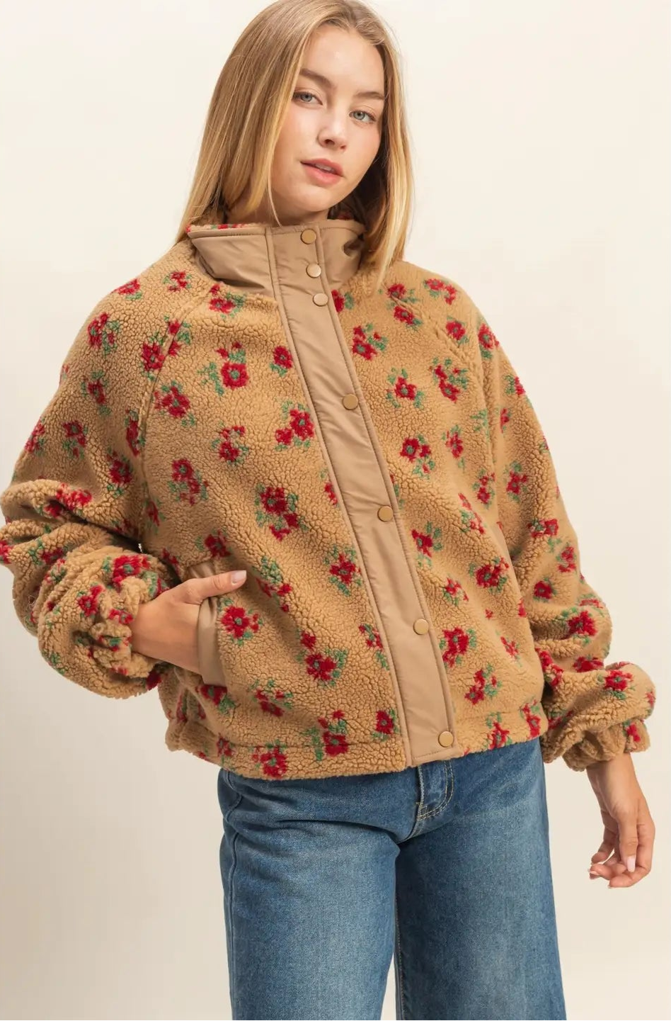 HYFVE  Floral Print Sherpa Zip Up Jacket in Taupe