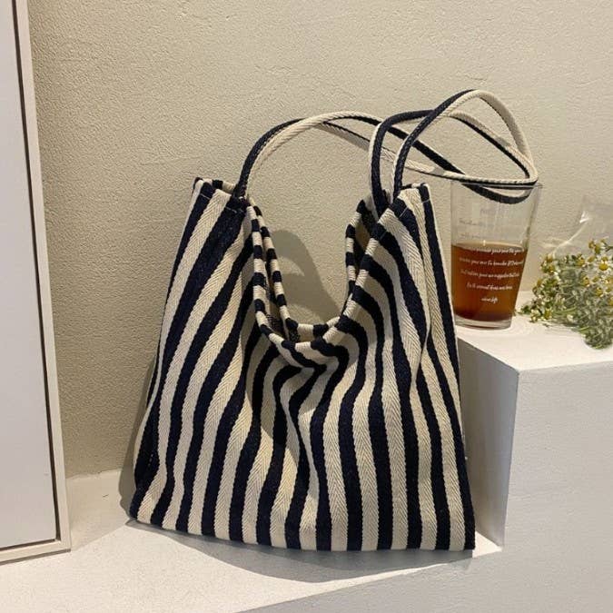 JOSSLYN by Wall to Wall Striped Canvas Hobo Shoulder Tote Bag | 40P609 by JOSSLYN by Wall to Wall