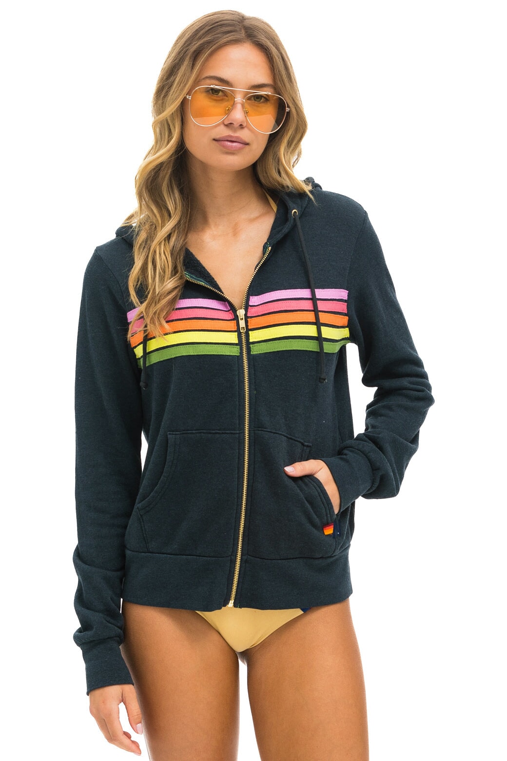 Aviator Nation 5 Stripe Zip Hoodie Charcoal Pink Green