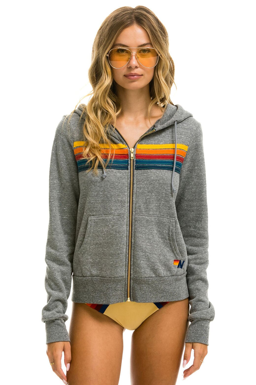 Aviator Nation 5 Stripe Zip Hoodie Heather Grey