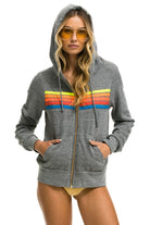 Aviator Nation 5 Stripe Zip Hoodie Heather Grey Neon Rainbow