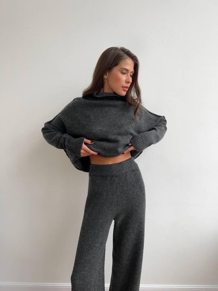 Suhkasana Turtleneck Side Slit Knit Sweater and Wide Leg Pants Set