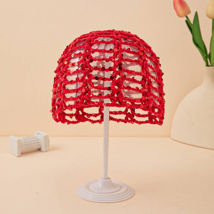 YAZ. Glitter Sequin Hollow Out Crochet Slouchy Hat Red