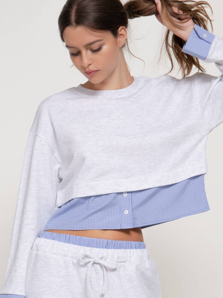 Active Basic Long Sleeve Sweatshirt with Contrasting Check Panel grey marl