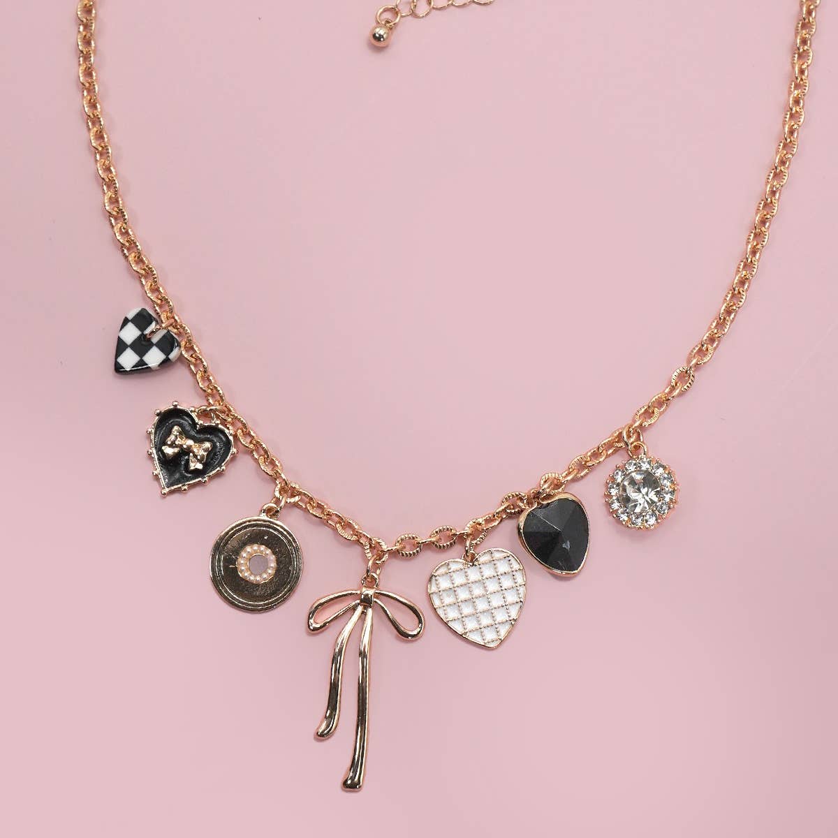 JOSSLYN by Wall to Wall Charm Necklace-Bow Checker Heart Rhinestone Gold