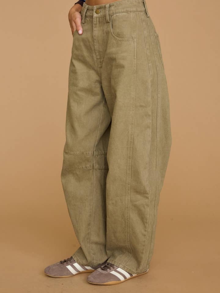 Dottie Dottie Garage Barrel Leg Denim Jeans in Faded Olive by Dottie Dottie Garage