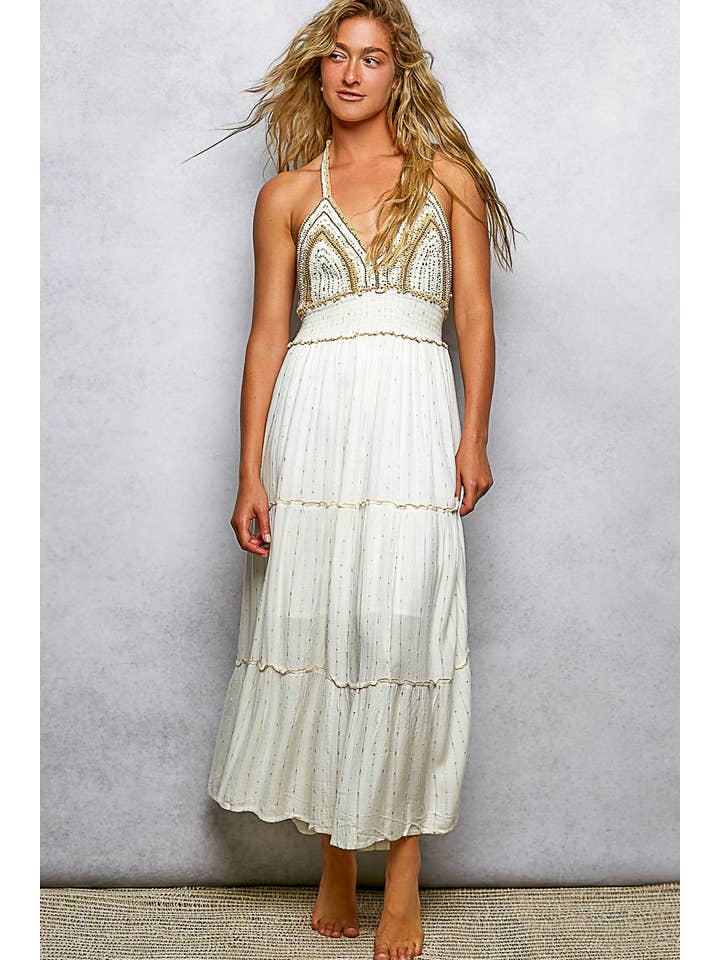 Pol Clothing Crochet Bra Cup V-Neck Tiered Smocked Waist Maxi Dress