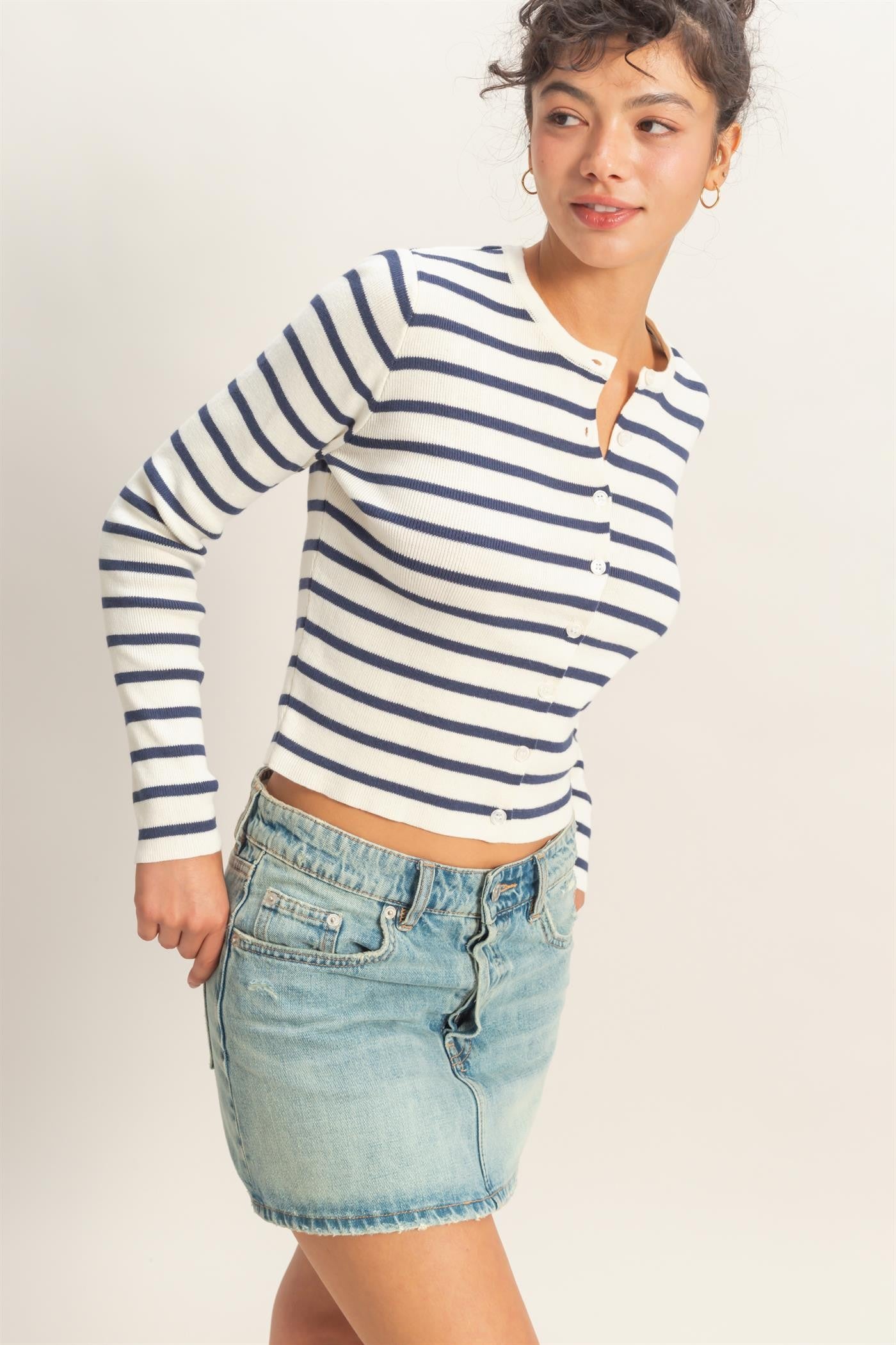 GOLDEN Vega Striped Button-up Cardigan Navy